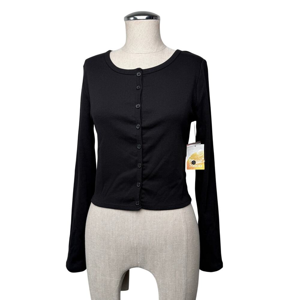 Sugar Moon Knit Cardigan Black Cotton Stretch Classic Button Front Basic Sz M